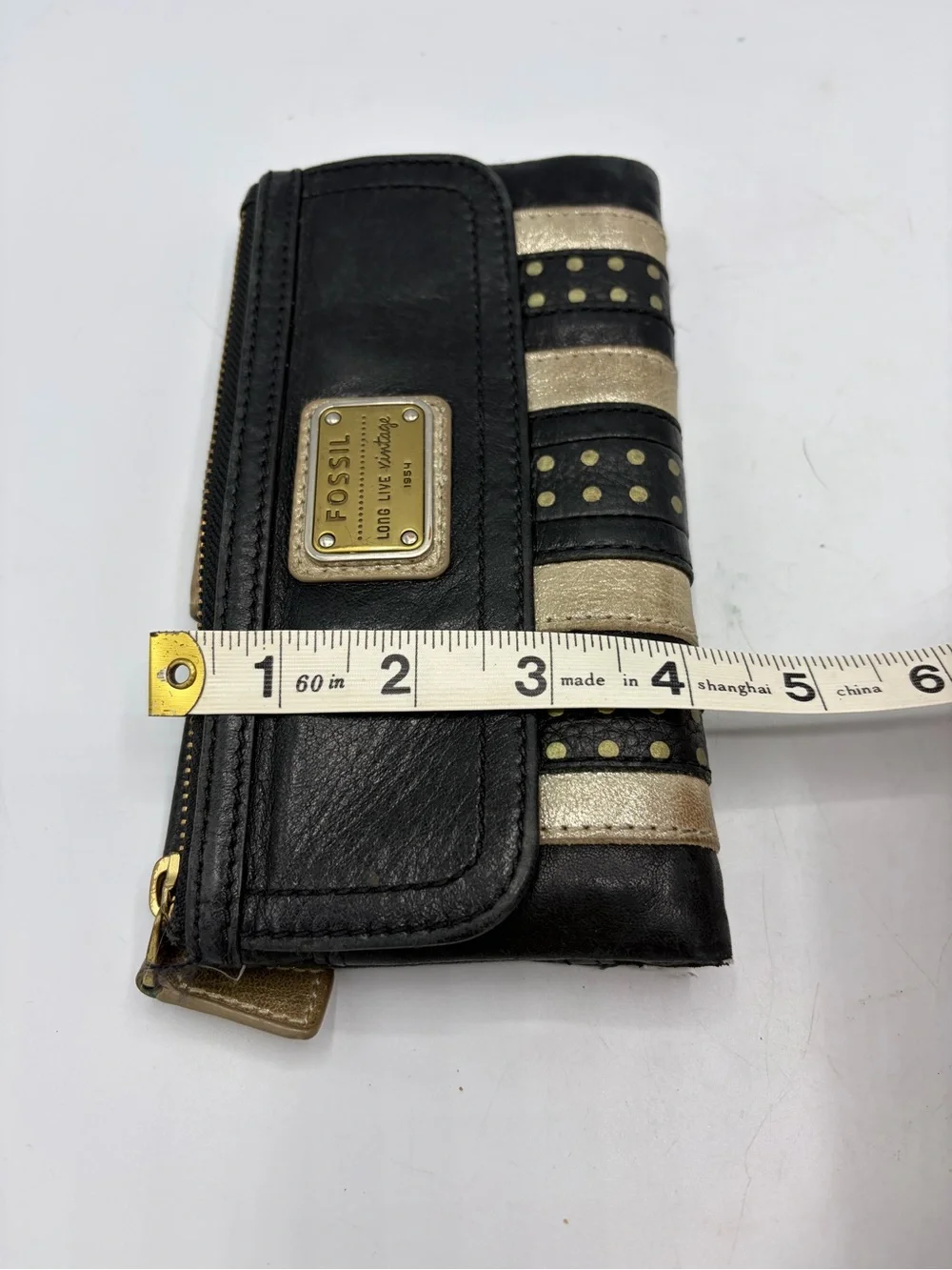 Fossil Long Live Vintage Emory Wallet Black Leather Snap Fold Zip Pocket Bifold